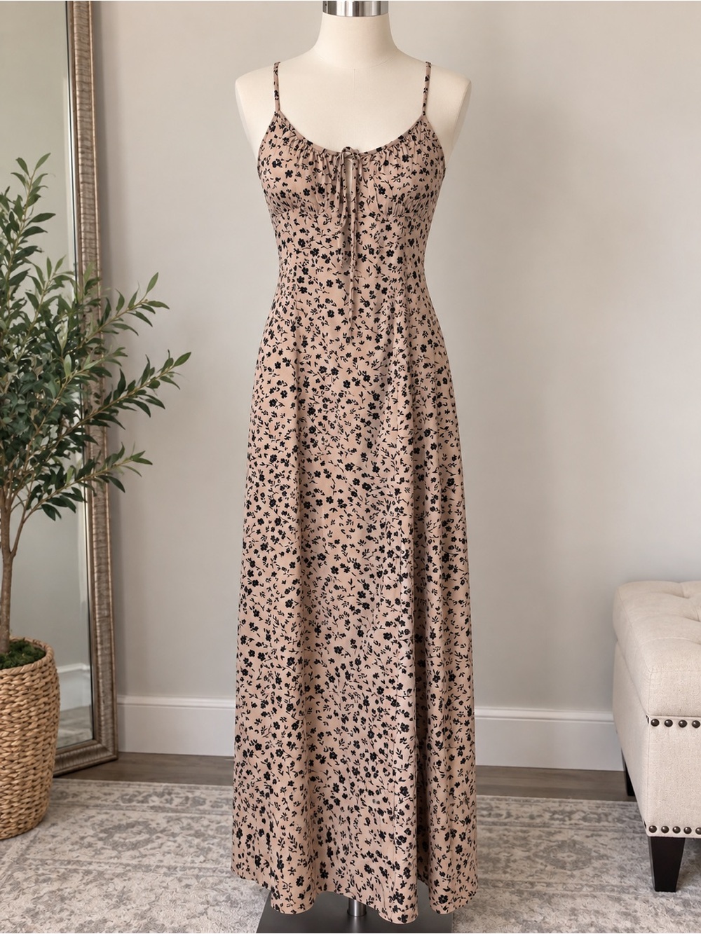 SHEIN Beige Floral Maxi Slip Dress with Spaghetti Straps